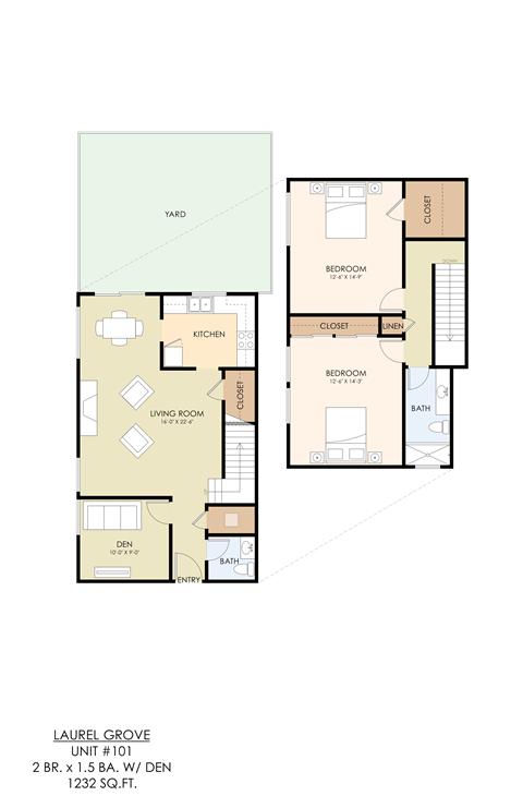 Floor plan for 2 beds, 1.5 baths, 1232 sqft